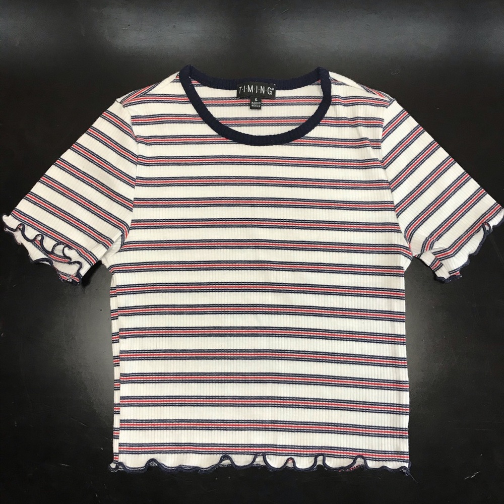 Timing: Stripped Red white Blue Ribbed Crop Top S